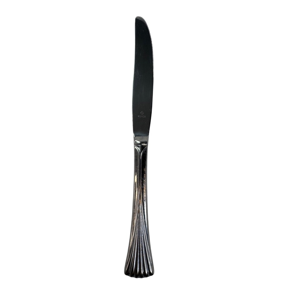 Vintage Stainless Steel Dinner Knife Flared Fan Pattern Handle Serrated Korea